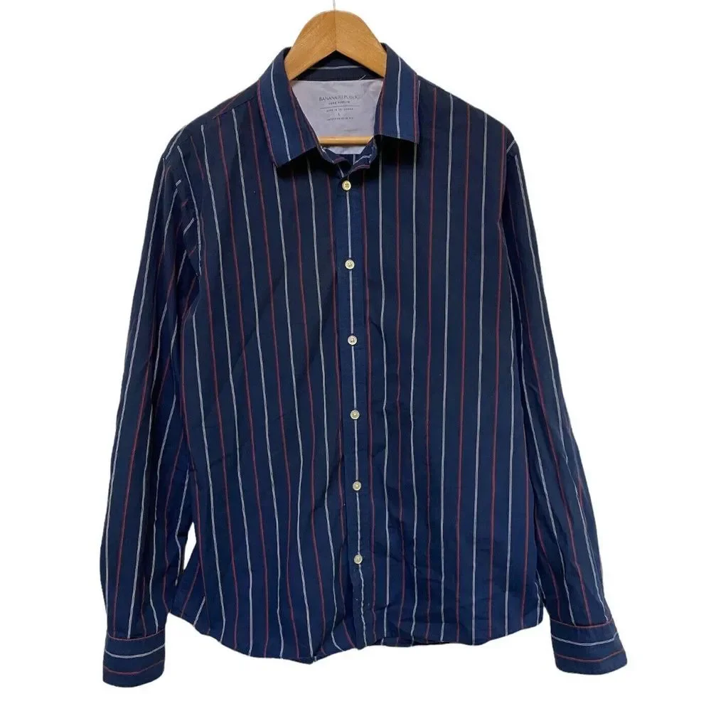 Banana Republic Men's Long Sleeve Casual Button Down Shirt Blue Red‎ Gray Size L